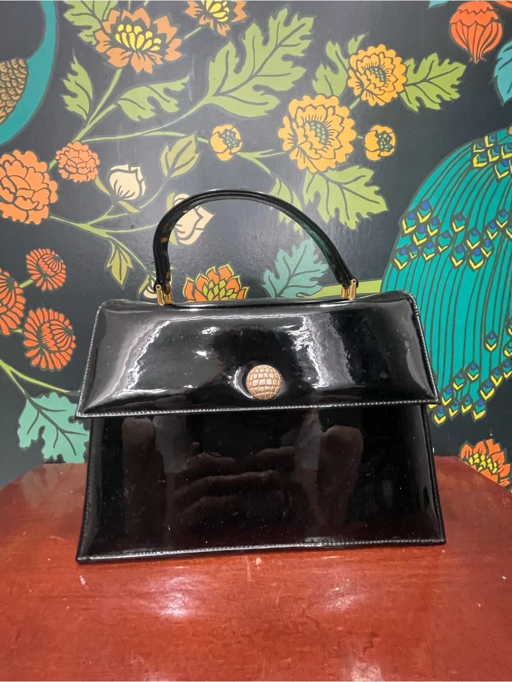 Vintage Bienen-Davis Black Patent Leather Top Handle Handbag with mirror